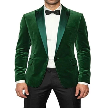 Зеленые бархатные Мужские костюмы для курения 2024, Приталенный Смокинг для жениха, смокинг из двух частей с черными брюками, мужской модный костюм