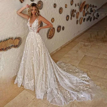 Vestido De Novia; Очаровательное кружевное свадебное платье с аппликациями; Элегантное свадебное платье с глубоким V-образным вырезом; Пляжное свадебное платье; Сексуальное свадебное платье 2023