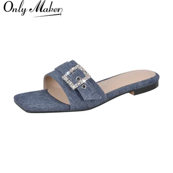 Женские тапочки Onlymaker, джинсовые сандалии с квадратным носком, туфли на плоской подошве, обувь огромных размеров