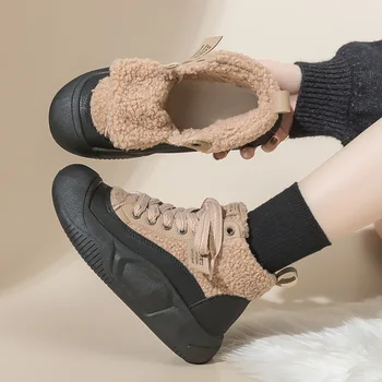 Женская обувь на толстой подошве и высоком каблуке; новинка 2023 года; зимняя хлопчатобумажная обувь; корейская версия обуви; женская теплая полностью винтажная шерстяная обувь