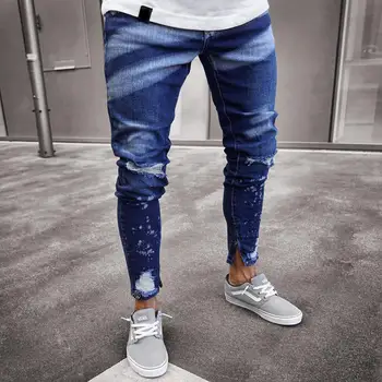 Мужские джинсы-скинни с дырками, Модные выстиранные полосатые рваные Тонкие джинсовые брюки для мужчин 2023, новые мужские джинсовые брюки в стиле хип-хоп на молнии для ног.