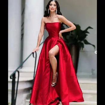 Вечернее платье без бретелек в красную полоску, новое минималистичное женское банкетное платье с разрезом приталенного кроя vestidos de noche