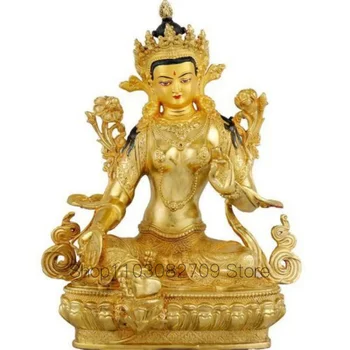 12-Дюймовая буддийская старинная бронзовая статуя ручной работы с позолотой Будды Бодхисаттвы Тары Грин