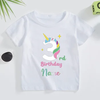 Персонализированная футболка с единорогом на день рождения, футболка на 1-7 лет, футболка Wild Tee с пользовательским названием, футболка для девочек, одежда с единорогом, детские топы, подарки