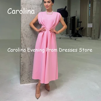 Выпускное платье Carolina из атласа трапециевидной формы с круглым вырезом и рюшами длиной до щиколоток, роскошное вечернее формальное элегантное красивое платье для женщин 2023 года.