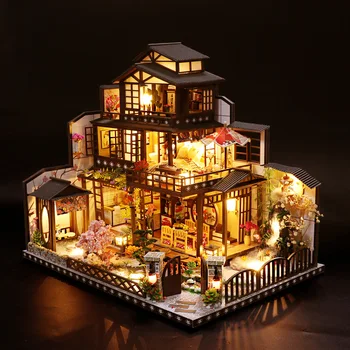 Деревянные кукольные домики своими руками, японские миниатюрные строительные наборы Casa с мебелью, большой кукольный домик на вилле со светодиодной подсветкой для взрослых, подарки на день рождения