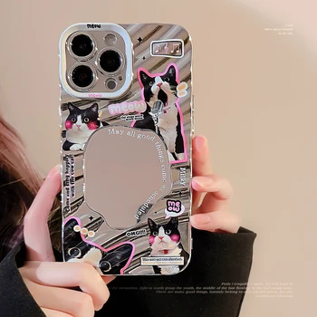 Розовый кот граффити ins зеркальный нескользящий чехол для iphone x xr xsmax 8 7 plus 14 15 pro max 11 13 12 promax чехол для телефона с милым рисунком