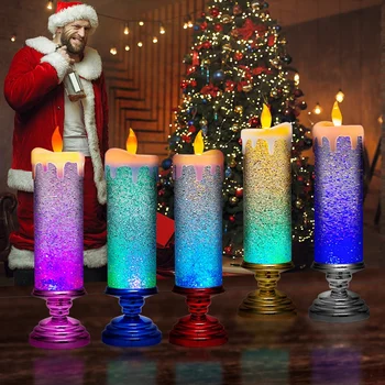 Светодиодные Рождественские Свечи, Меняющие цвет, Светодиодная Водяная свеча С блестками, Беспламенные светодиодные Подсвечники для рабочего стола