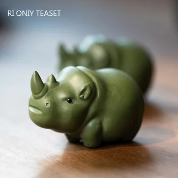 Китайский чай из фиолетовой глины Исин, статуэтка носорога ручной работы, украшения из необработанной руды, Чайная статуэтка из зеленой глины, ремесленное украшение чайной церемонии