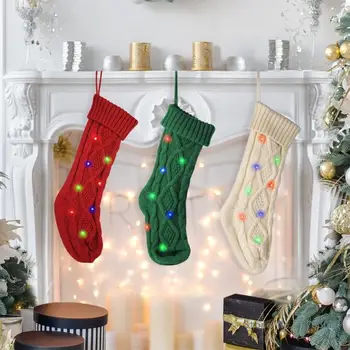 Рождественские чулки со светодиодной подсветкой Вязаные носки Подарочный пакет Подвеска на дереве Чулки для домашнего камина Рождественский декор