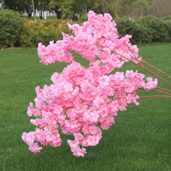 Имитация ветки вишни, Двухслойная шелковая ткань светло-розового цвета средней пудры, 3 вилки, пластиковые искусственные цветы