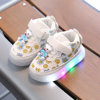 Новая детская обувь для малышей, кожаная обувь для мальчиков, светящиеся кроссовки с принтом улыбки, клубники, повседневная обувь для девочек, возраст от 1 до 6 лет