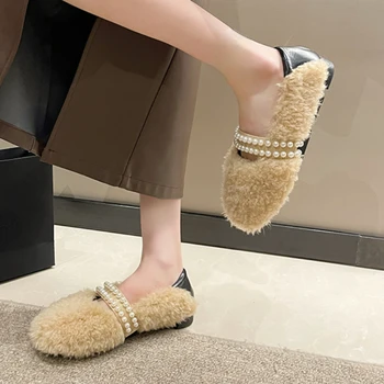 2023, Новая мода, Зимние плюшевые теплые женские повседневные туфли на плоской подошве с круглым носком, жемчужная пряжка, женская обувь с мелким вырезом