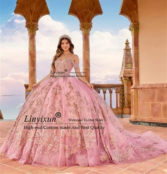 Розовые Пышные платья 2024 XV Бальное платье с кружевной аппликацией из розового золота, платье принцессы Sweet 16, Вечеринка по случаю дня рождения, Vestido De 15
