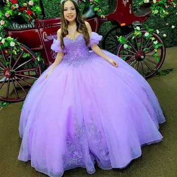 Новое Светло-Фиолетовое Пышное платье 2024 года с Мексиканским кружевом и Цветами Sweet 15 Платье с пайетками Vestidos 16 Платье для вечеринки по случаю дня рождения Плюс Размер