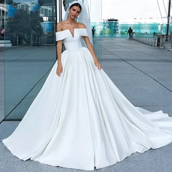Элегантное атласное свадебное платье трапециевидной формы 2023, платье невесты с открытыми плечами, вырез лодочкой, шлейф Vestido De Noiva Robe Mariee