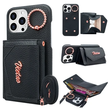 Кожаный бумажник через плечо, слот для карт, чехол для телефона Iphone 15 Plus 14 13 Pro Max, Кольцевая магнитная противоударная крышка