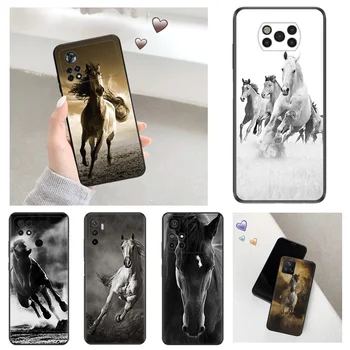 Черный Матовый Чехол Для Телефона с защитой От Падения Xiaomi Poco X5 X4 X3 F5 F4 F3 M5 M3 M4 Pro C40 C50 C51 C55, Черно-Белая Лошадь, Цветочный Чехол