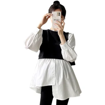 Рубашки для беременных в корейском стиле, осенние, черные, Белые, с пышными рукавами в стиле пэчворк, Свободные хлопковые блузки для беременных, повседневный топ