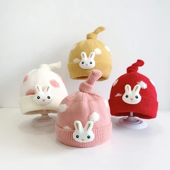 Шапка для малышей с кроликом, Зимняя Уличная утепленная шапочка-бини, двухслойная утолщенная шапочка, мультяшный пуловер