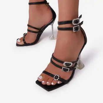 Женские туфли на высоком каблуке с квадратным носком, туфли на высоком каблуке с искусственными бриллиантами, новые летние босоножки 2023