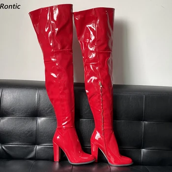 Rontic/ Новое поступление, женские зимние сапоги до бедра, унисекс, лакированные, на массивном каблуке, с круглым носком, элегантная черно-красная обувь для косплея, размер США 5-20