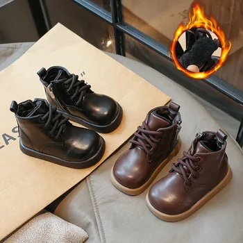 Обувь для маленьких мальчиков и девочек, теплые детские ботинки на зиму, детская кожаная обувь, ботильоны для мальчиков 2-10 лет, коричневый, черный