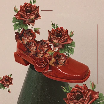 Винтажный дизайн, Асимметрия, цветок розы, туфли на толстом каблуке без каблука, женские кожаные туфли в стиле Лолиты Mary Jane на низком каблуке с квадратным носком.