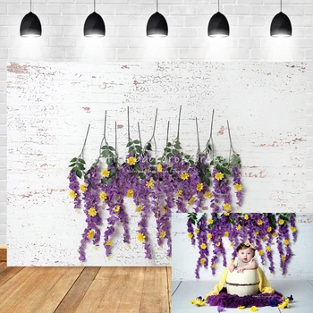 Фиолетовые цветочные фоны с кирпичной стеной, детская фотография для девочек, реквизит для праздничного торта, декорации для вечеринок, портрет для взрослых, фон для сада