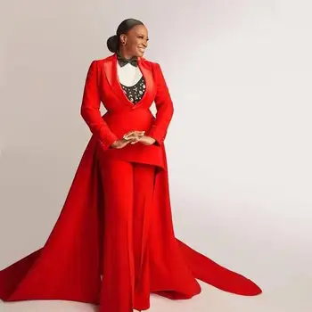 Красный комбинезон, Вечерние платья со съемным шлейфом, V-образный вырез, длинный рукав, Атласный наряд 2022, Брюки для выпускного по щиколотку, Костюм для официальных мероприятий