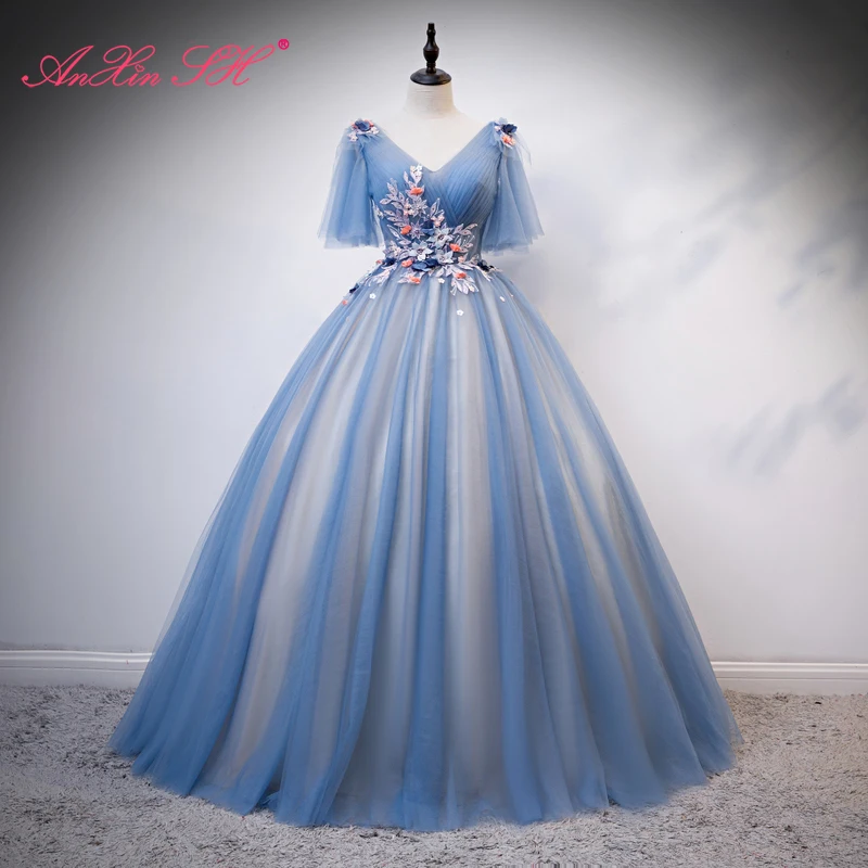 AnXin SH винтажное бальное платье принцессы с голубыми кружевными розами, V-образным вырезом и оборками, расшитое бисером, хрустальным жемчугом, вечернее платье невесты Изображение 0