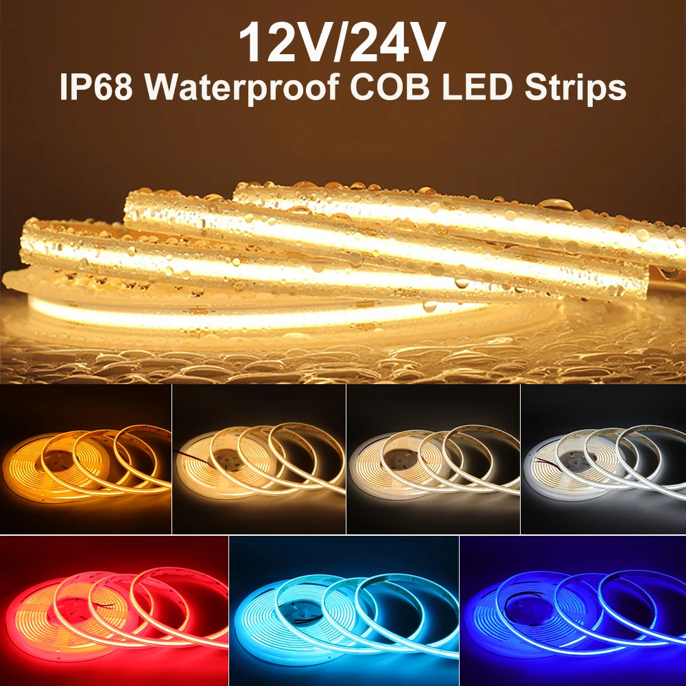 IP68 Водонепроницаемые светодиодные ленты для кухни COB Tape LED 1 м 3 М 5 М Светодиодная лента для бассейна, ванной комнаты, гибкая ленточная лампа для сауны Изображение 0