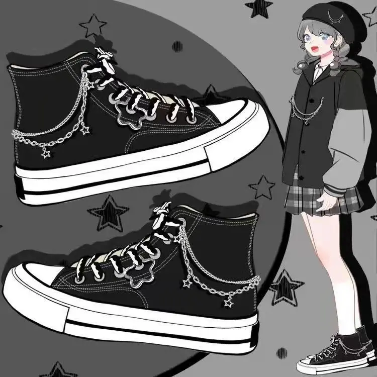 Брендовая модная женская обувь на плоской подошве, дизайнерская женская парусиновая обувь с цепочкой в виде звезды, Черные женские туфли на плоской подошве с высоким берцем Изображение 0