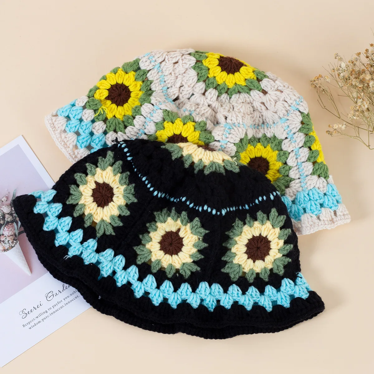 Выдолбленные Вязаные крючком шляпы-ведра с цветами ручной работы для женщин, японская ретро-осенне-зимняя милая модная кепка Y2K Изображение 0