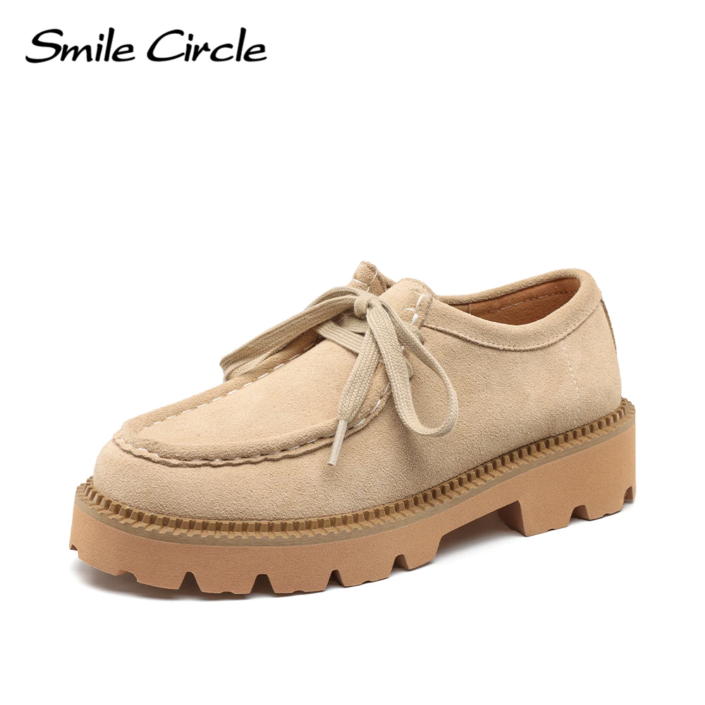 Женские замшевые туфли-дерби Smile Circle на плоской платформе со шнуровкой и круглым носком, модная повседневная обувь, женские лоферы Изображение 0