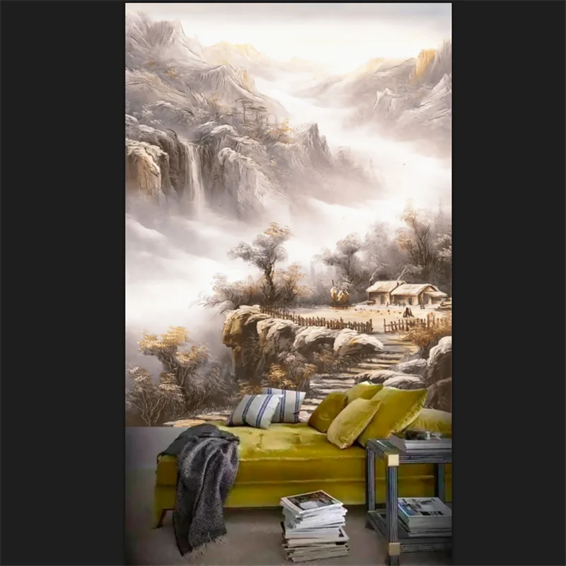 изготовленная на заказ фреска wellyu цветная резьба мраморный пейзаж китайская живопись фоновые обои для горного крыльца Изображение 0