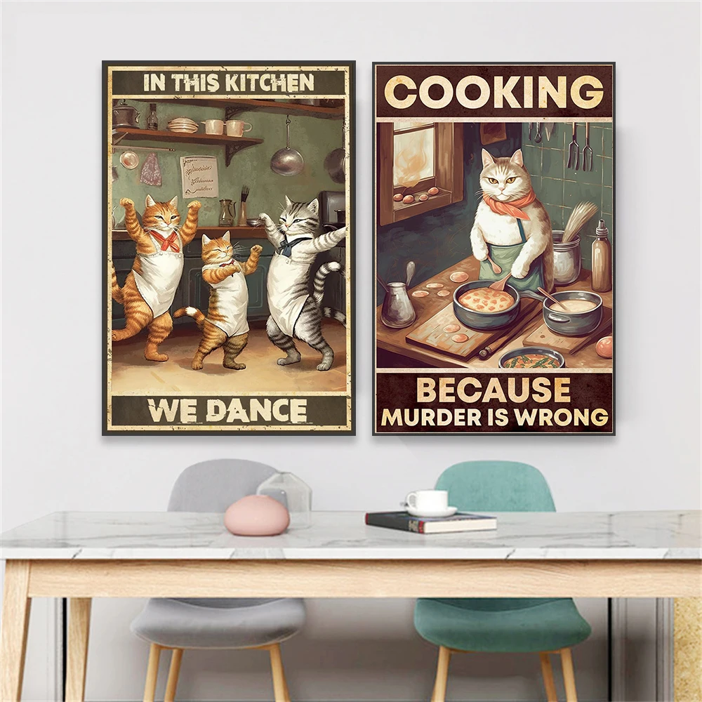 Кулинарный плакат с милым котом Готовим на этой кухне Мы танцуем Плакат печатает забавную картину с изображением кота на холсте на стене домашней кухни Изображение 0