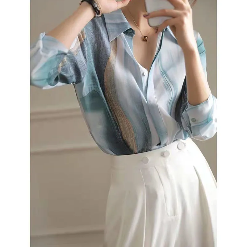 Модная элегантная шифоновая блузка с отложным воротником с градиентным принтом, Женская Корейская Свободная рубашка на пуговицах с длинным рукавом, Женская одежда Изображение 0