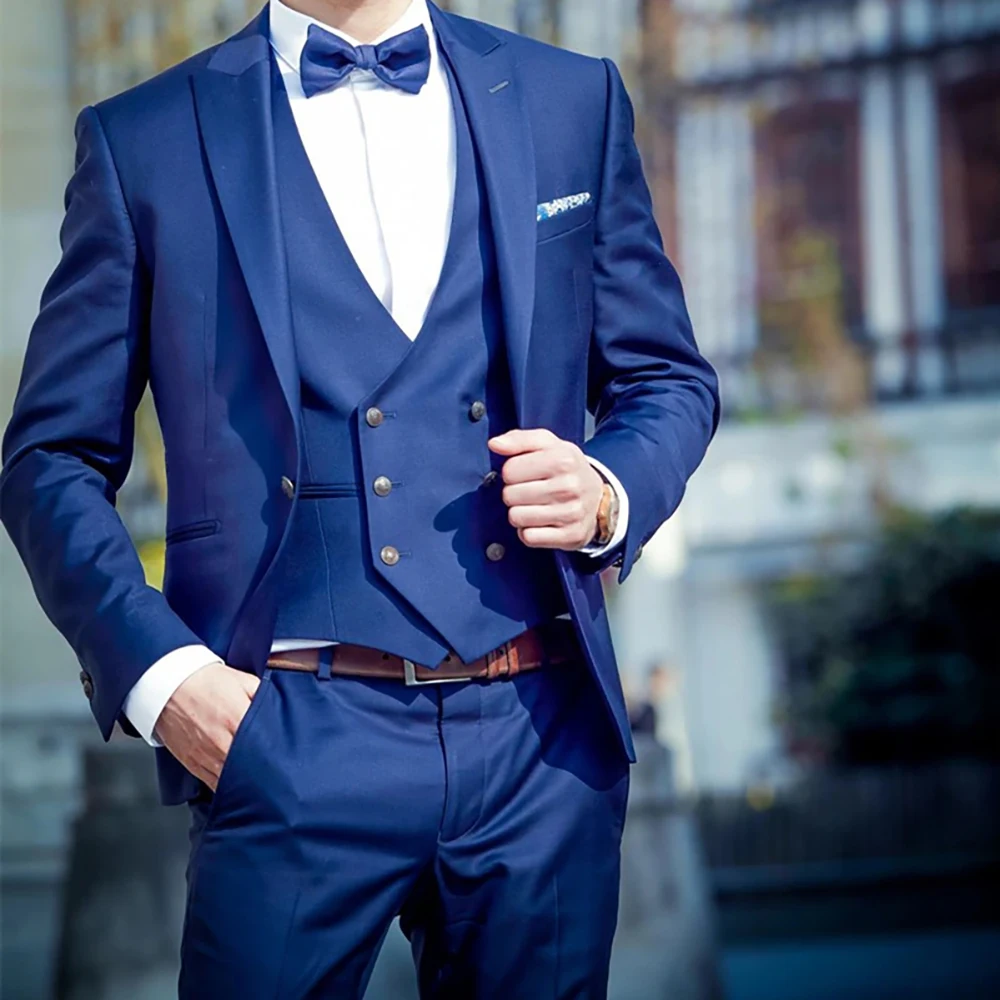 Мужской костюм для свадьбы 2023, синие однобортные наряды Terno, костюм Hombre, пиджак-тройка с остроконечным отворотом, брюки, жилет, приталенный крой Изображение 0
