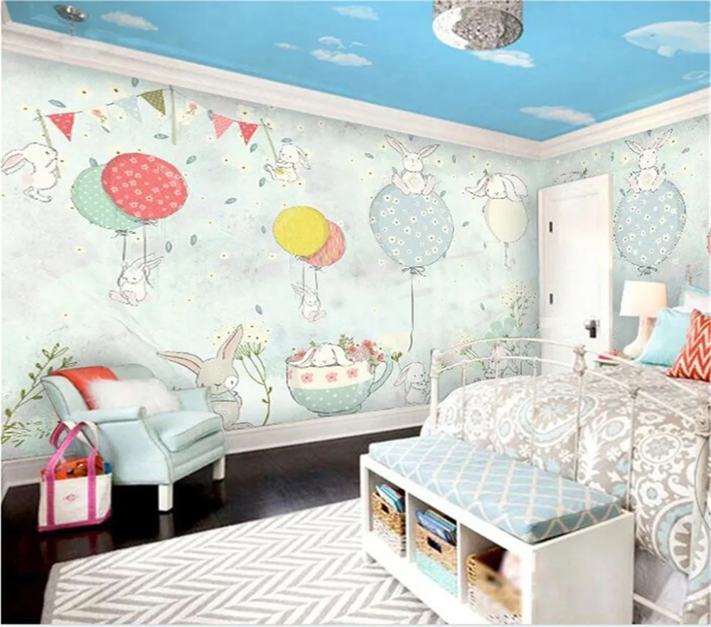 обои на заказ beibehang 3d Nordic simple модный простой и элегантный фон для детской комнаты с воздушным шариком и зайчиком 3d Papel de parede Изображение 0