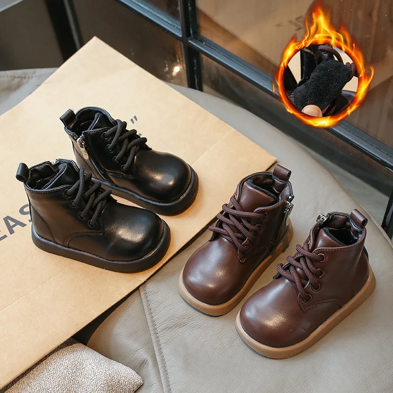 Обувь для маленьких мальчиков и девочек, теплые детские ботинки на зиму, детская кожаная обувь, ботильоны для мальчиков 2-10 лет, коричневый, черный Изображение 0