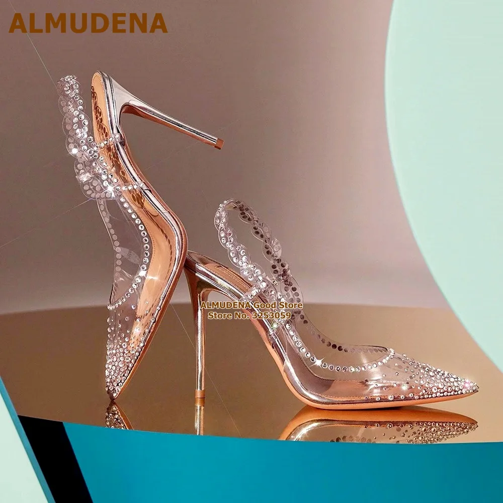 Свадебные туфли-лодочки ALMUDENA из прозрачного ПВХ с кристально чистым покрытием, с рюшами, с цветочным принтом, с острым носком, модельные туфли со стразами, серебряные каблуки Изображение 0