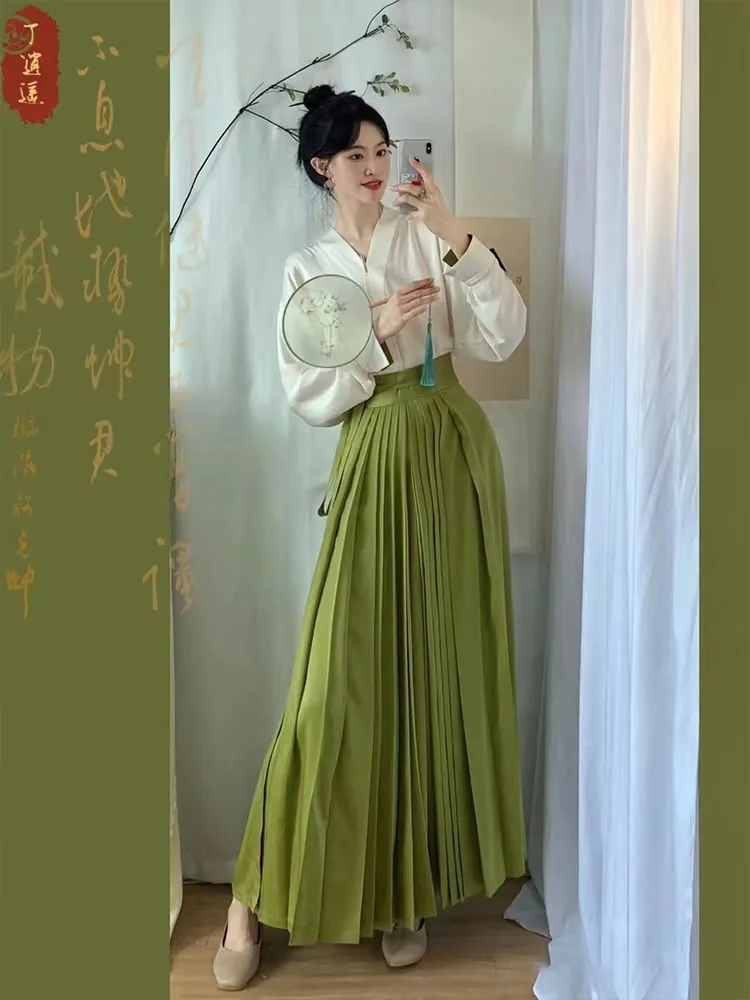 Элегантная юбка с лошадиной мордой, платье в китайском стиле, улучшенная Длинная плиссированная юбка в национальном стиле Ханфу, топ на каждый день, комплект из двух предметов Изображение 0