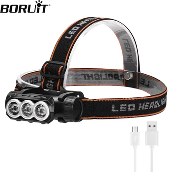 BORUiT LED Мощный налобный фонарь, 3-режимная USB-перезаряжаемая фара, Водонепроницаемый налобный фонарь для кемпинга, рыбалки, фонарик