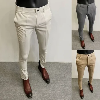 Классические мужские костюмные брюки, приталенные деловые официальные брюки, сплошной цвет, Черный, Хаки, Серый, Повседневные укороченные брюки, модельные брюки