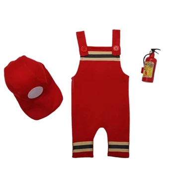 Реквизит для фотосессии новорожденных, Шапка и комбинезон на подтяжках, детский костюм пожарного, одежда для фотосессии