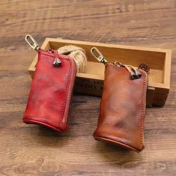 Мужская кожаная сумка для ключей, брелок для ключей, модная домашняя сумка на молнии в стиле ретро, двойной набор ключей, сумка для ключей от автомобиля для мужчины