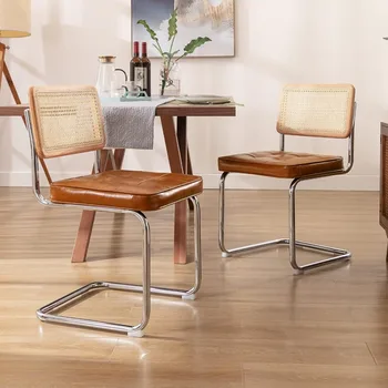 Современные обеденные стулья середины века, обитые искусственной кожей с ворсом, акцентные стулья из ротанга, набор из 2 обеденных стульев без подлокотников