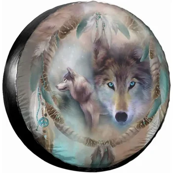 Чехол для Запасного Колеса с Принтом 3D Wolf Dream Catcher Водонепроницаемый Универсальный Чехол Для Колеса Пылезащитный Протектор Колеса 14 