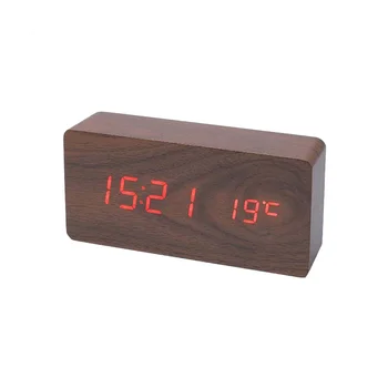 Деревянный цифровой будильник, светодиодный будильник с температурой, Настольные часы для офиса, прикроватные часы из темного дерева